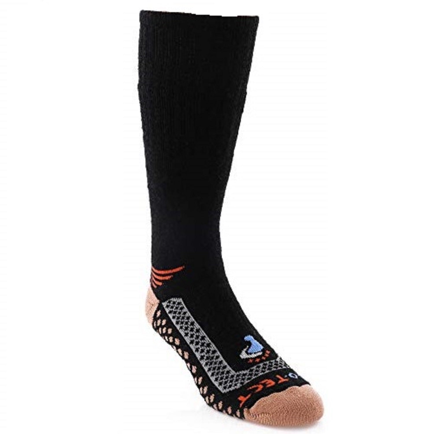 black over the calf cold weather merino wool copper socks with orange accents