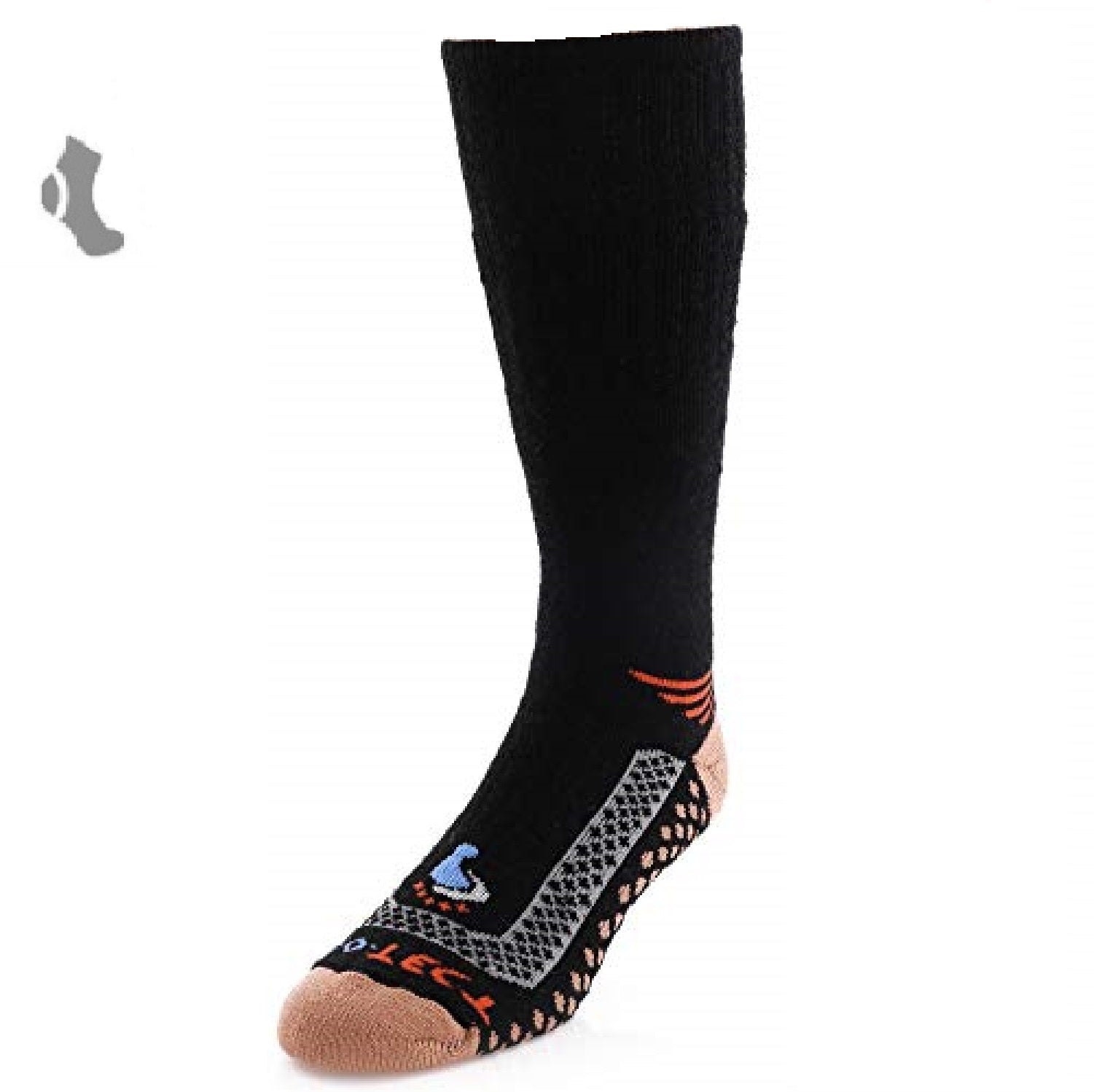 black over the calf cold weather merino wool copper socks with orange accents