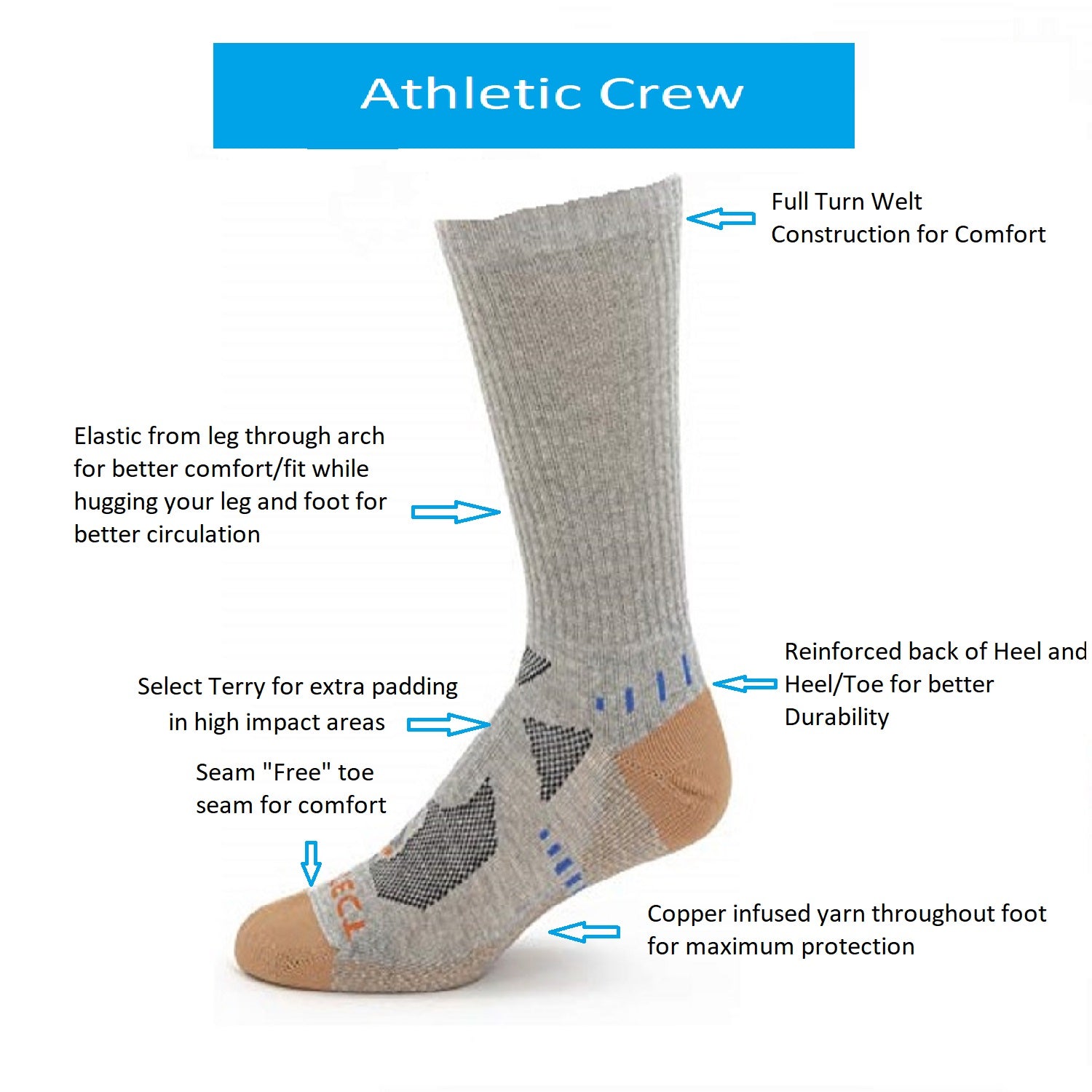 white crew cut copper athletic socks with accents