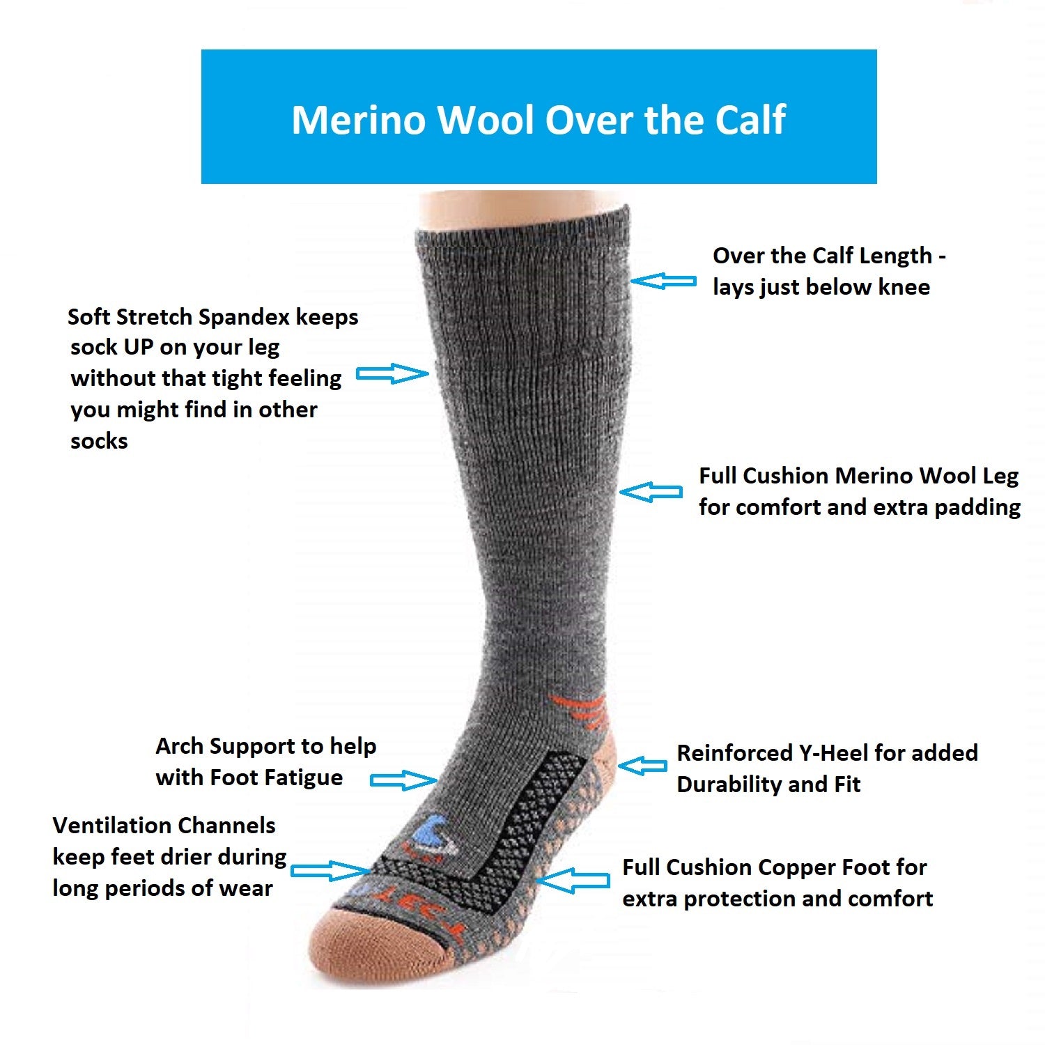 over the calf cold weather merino wool copper socks with accents