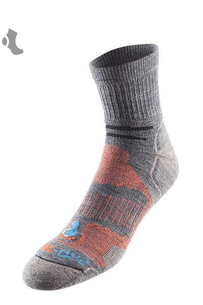 grey quarter cut merino wool copper hiking socks with orange accents