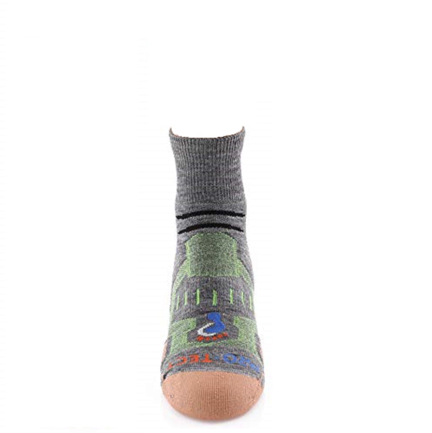 grey quarter cut merino wool copper hiking socks with lime accents