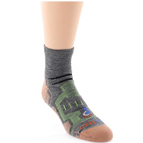 grey quarter cut merino wool copper hiking socks with lime accents