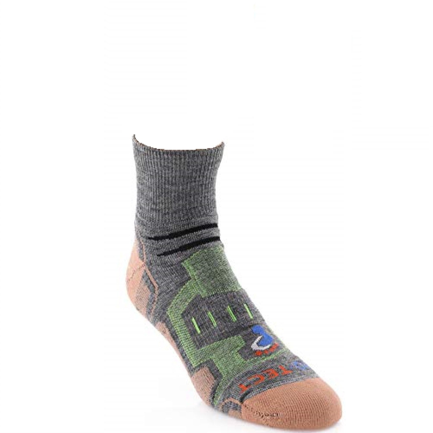 grey quarter cut merino wool copper hiking socks with lime accents