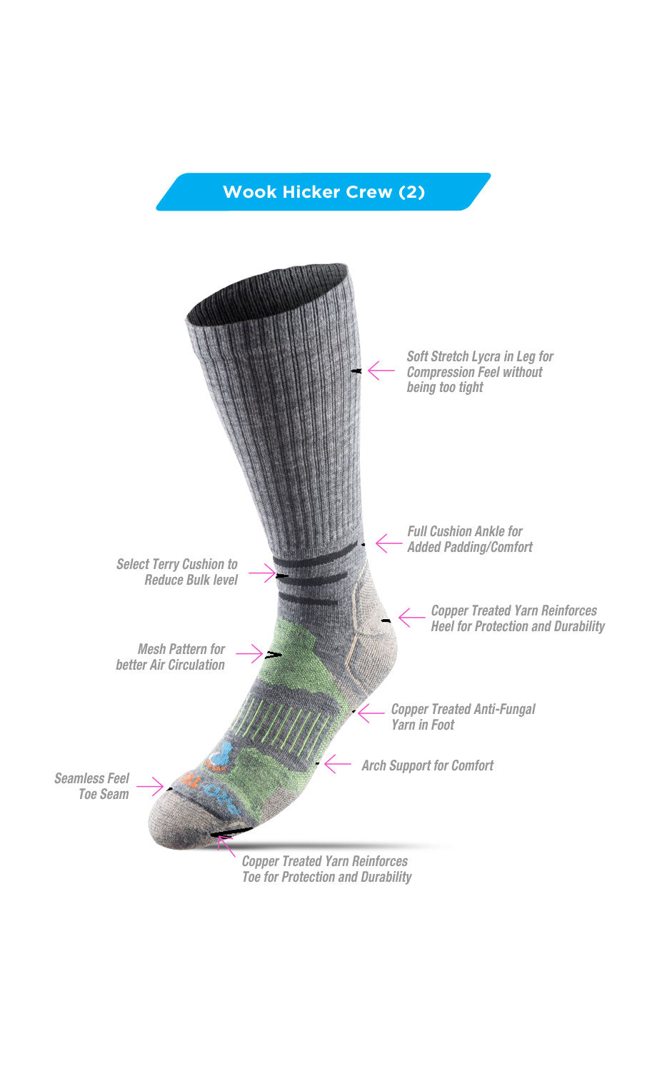 grey crew cut merino wool copper hiking socks with accents